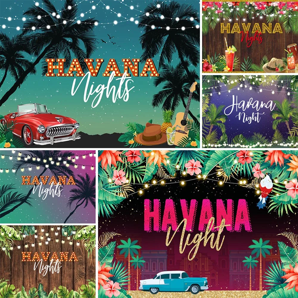 

Summer Havana Night Backdrops Child Birthday Photo Booth Decoration Vintage Car Tropical Palm Tree Retro Wooden Board Background