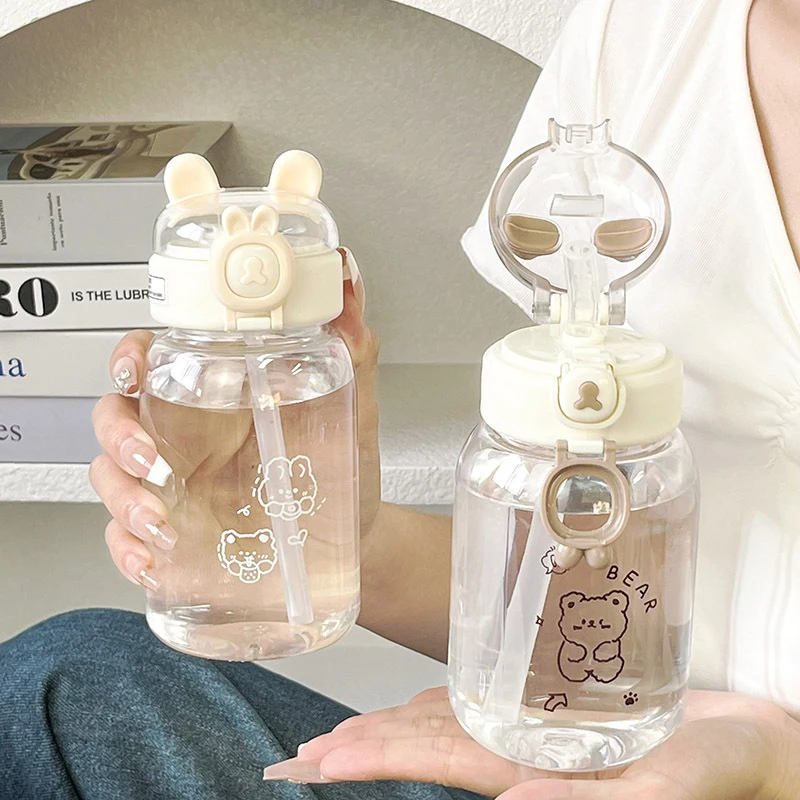 500ml Kawaii Rabbit Butelka na wodę Przenośny uroczy kubek do picia w kształcie ucha ze słomką i pokrywką Letnie naczynia do picia na kemping na świeżym powietrzu