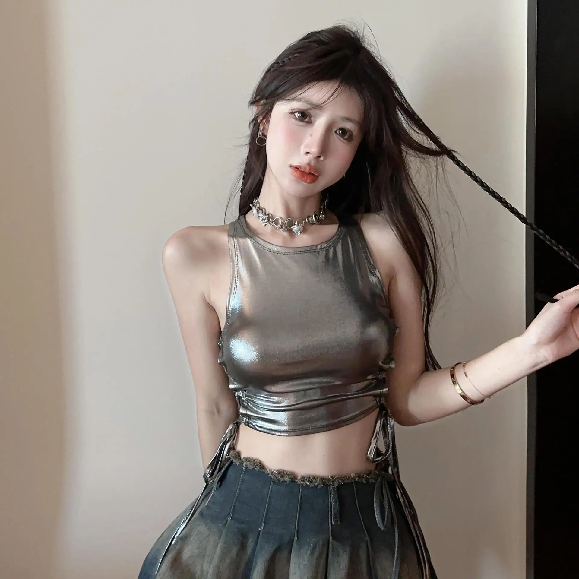 Gray Y2K Top Sleeveless Slim Crop Top New Sweet Cute Casual High Street Hip Hop Sexy Basics 2000s Women Woman Clothing