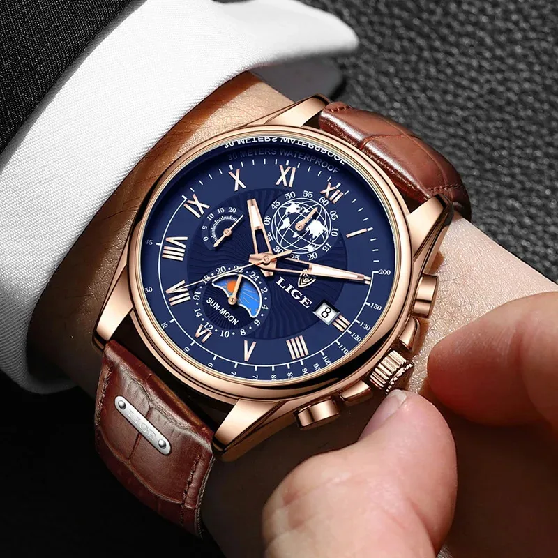 

LIGE New Fashion Quartz Man Watch Luxury Leather Classic Waterproof Casual Sport Wristwatch Date Watches for Men Chronograph+Box