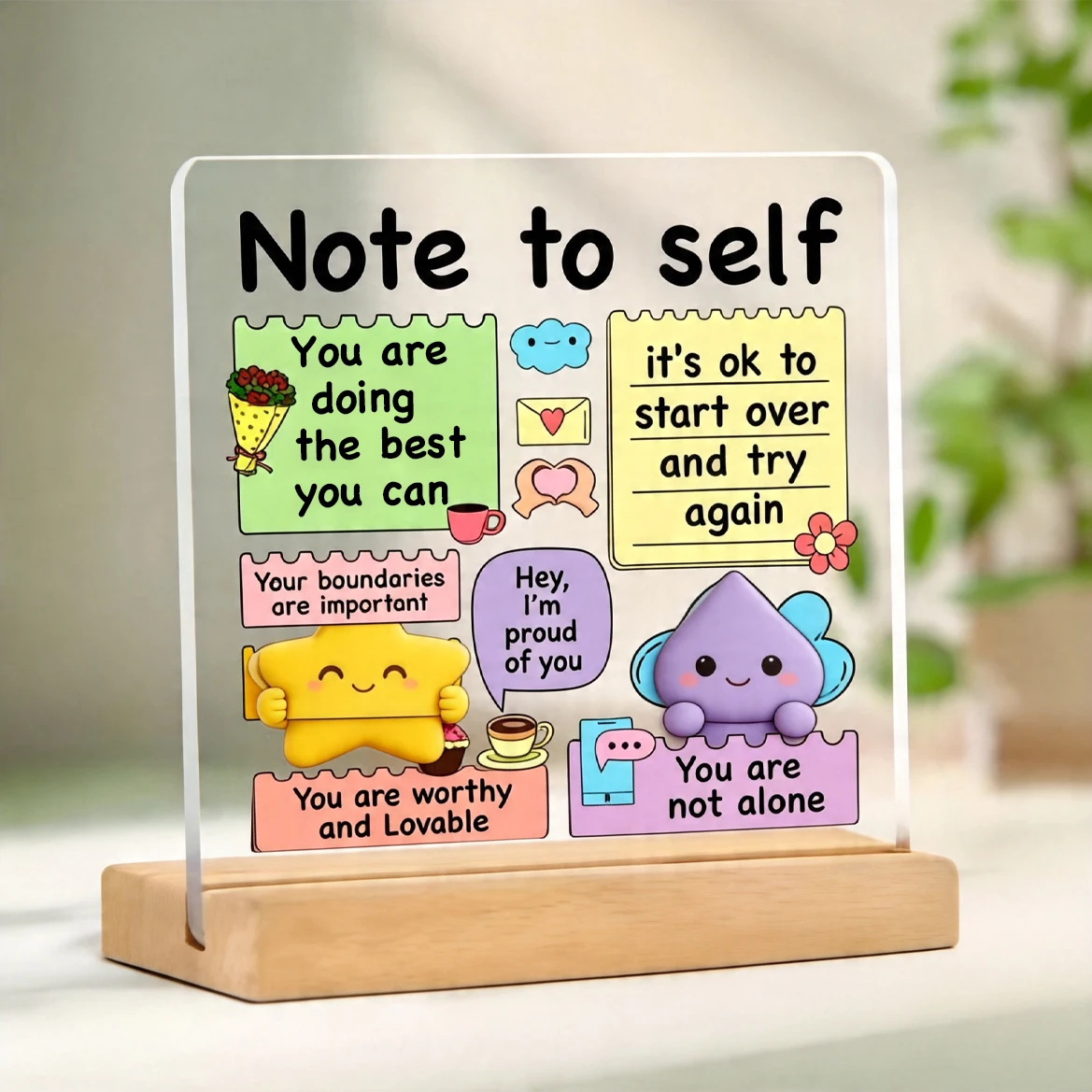 Decorative Sign with Wooden Base Inspirational Acrylic Positive Affirmation Self-love Reminder School Colorful Encouraging Note