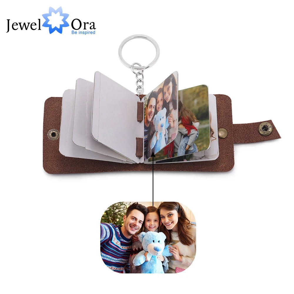 JewelOra Personalized C​ustom Photo Mini Album Keychains for Ladies Vintange Retro Style Brown Paper Picture Keyrings for Women