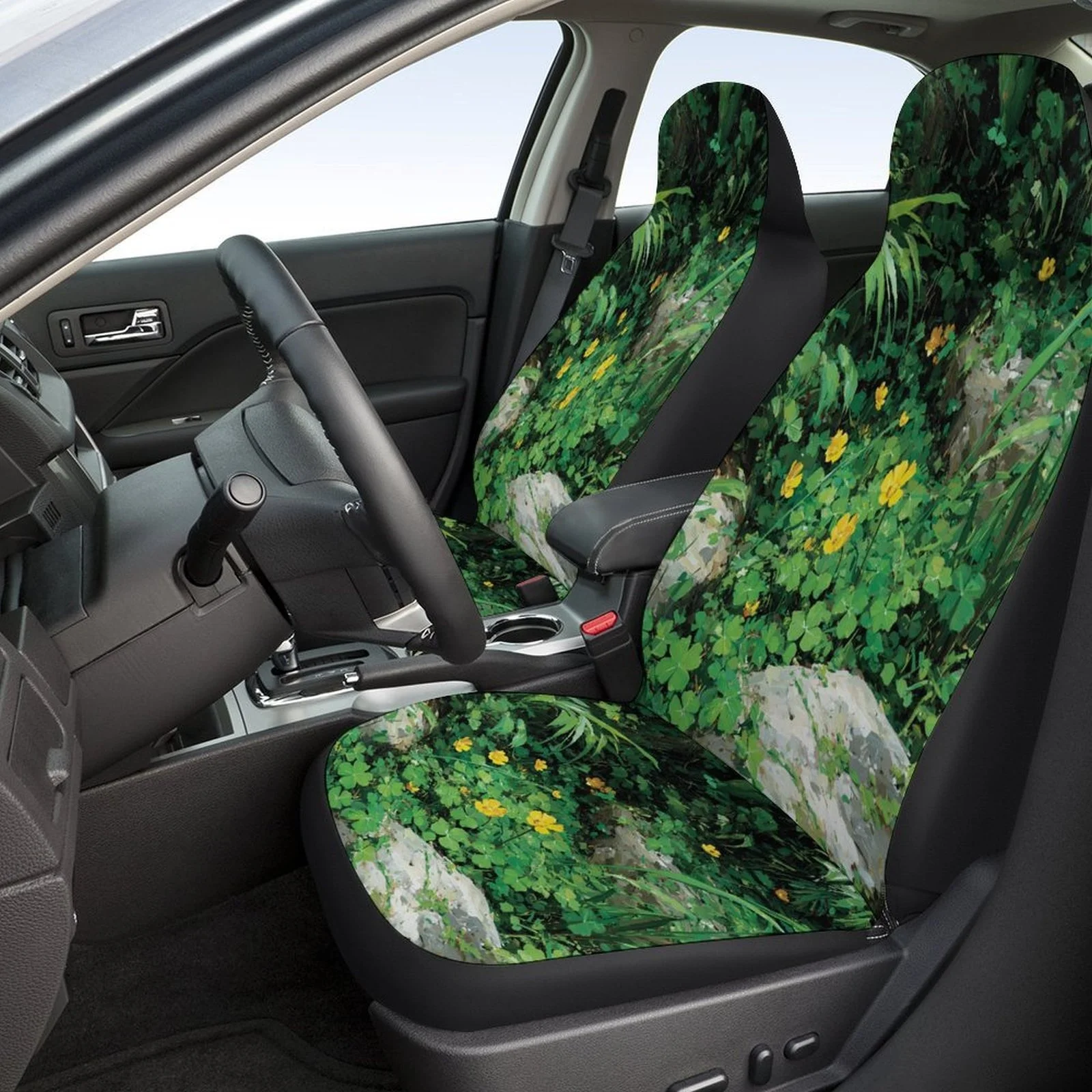 Set Of Car Seat Covers Featuring A Garden Theme With Yellow Flowers, Stylish And Unique, Suitable For Most Vehicles. This Comple