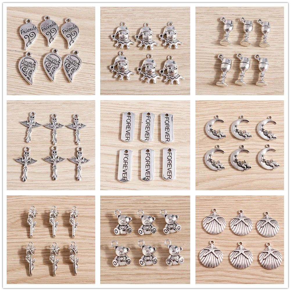 Tusember 15 Stück Legierung Gemischte Metall-Anhänger mit Kreuz, Blume, Bär, Muschel und Mond für Halsketten, Ohrringe und Schmuckherstellung – Detail 1
