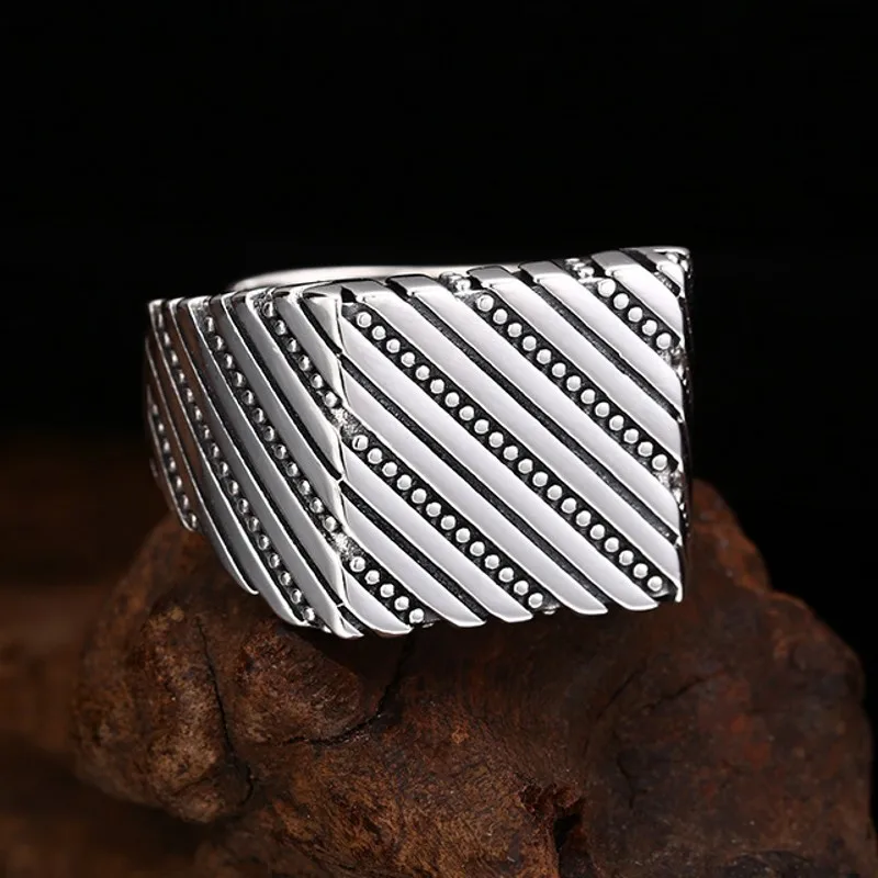 S925 Pure Silver Open Ring Retro Trendy Personality Simple Lines And Textures Men's And Women's Rings