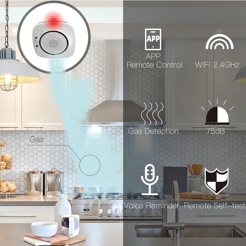 WiFi Inteligentny detektor wycieku gazu Czujnik alarmu palnego gazu Inteligentne życie Sterowanie aplikacją Tuya System bezpieczeństwa w domu