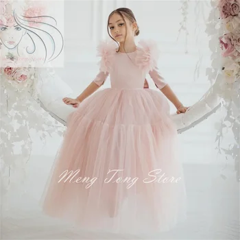 ผ้าทูลประดับชุดเดรสเด็กผู้หญิงลายดอกไม้สีชมพูพร้อมแขนครึ่งแขนสำหรับงานแต่งงานวันเกิดงานเลี้ยงเจ้าหญิง