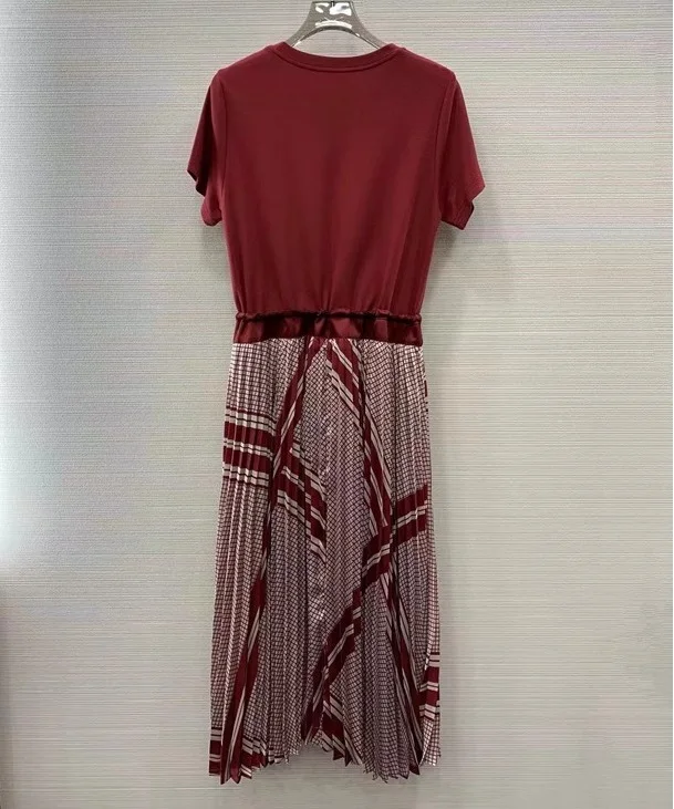 Top Quality New Summer Dress 2024 Fashion Clothes Ladies Vintage Print Patchwork Short Sleeve Midi Red Black Cotton Dress Luxury