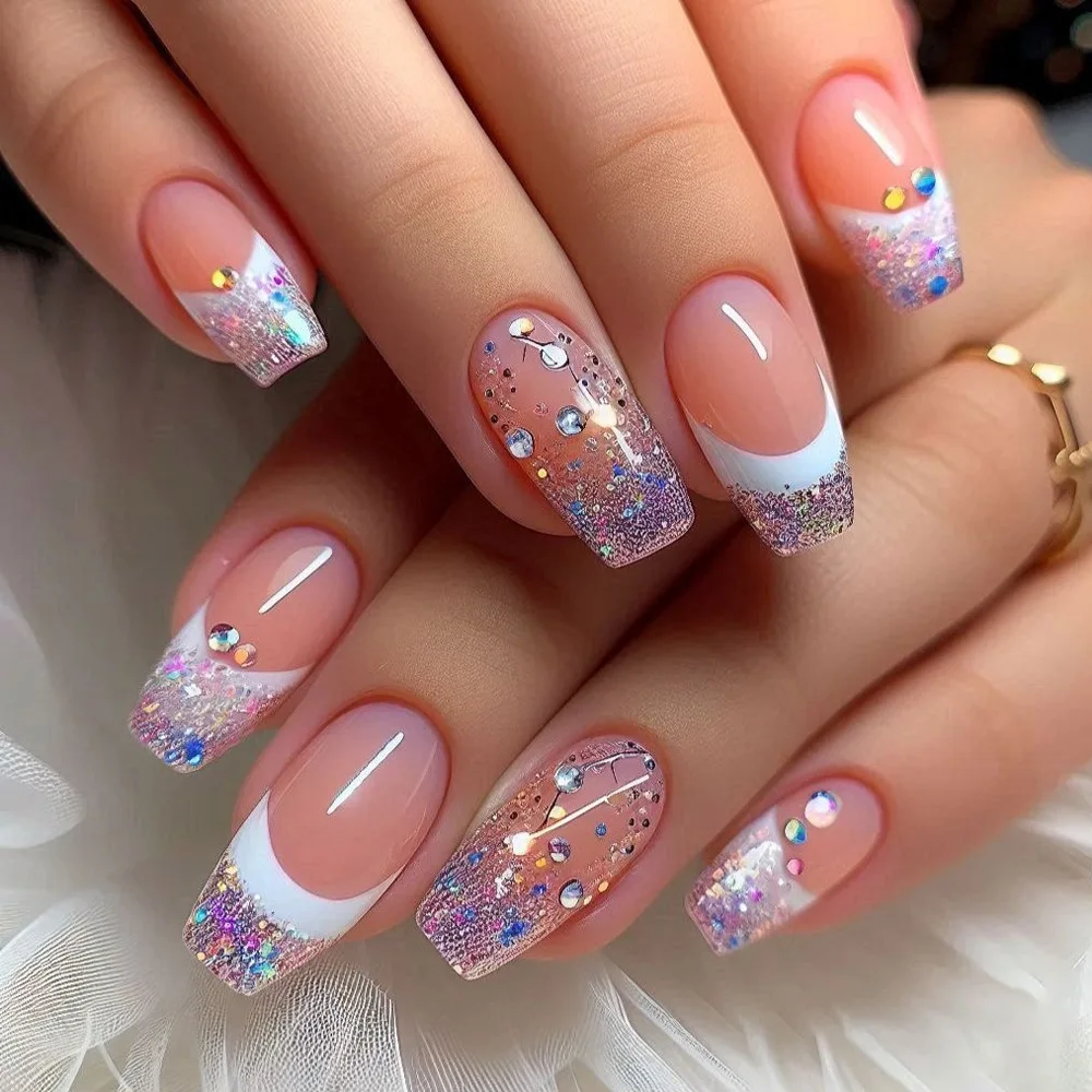 24 pezzi di unghie finte viola stampa su glitter punta per unghie finte per balletto di media lunghezza con set di manicure indossabili per unghie dal design semplice a fiori