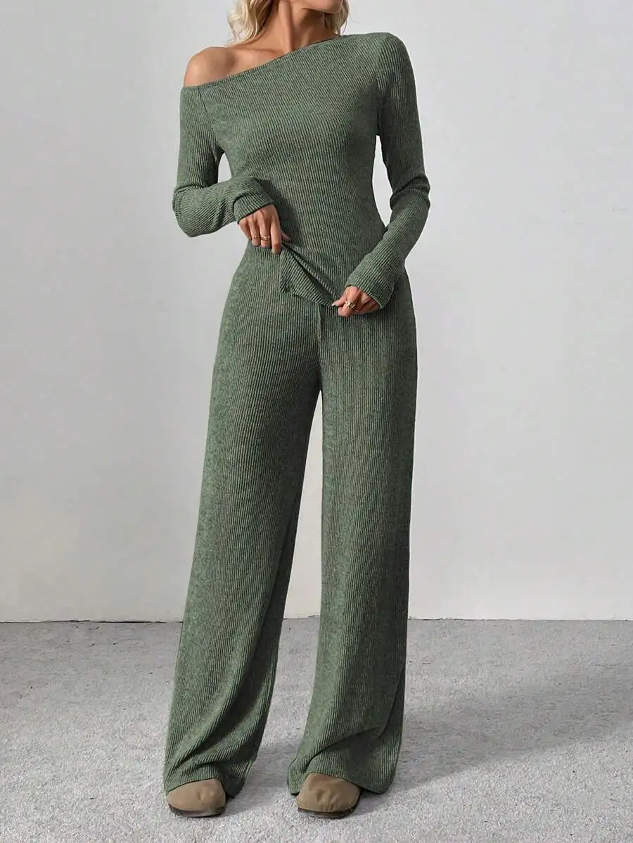 

Asymmetrical Shoulder Long Sleeve Top And Wide Leg Pants Two Piece Set Casual Lounge Wear