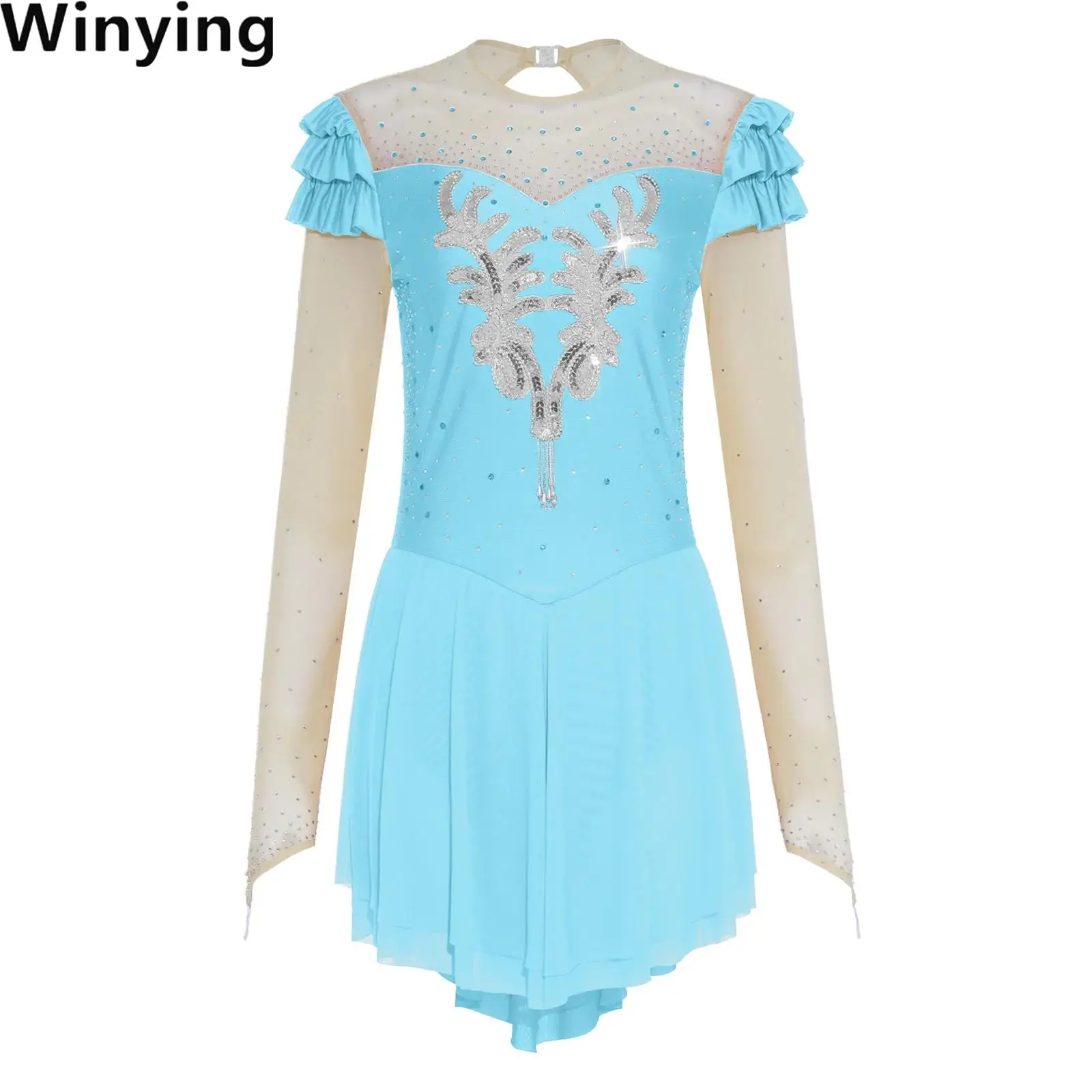 

Women Figure Skating Ballet Lyrical Dance Dress Sequined Applique Rhinestone Mesh Long Sleeve Leotards Tutu Performance Dress