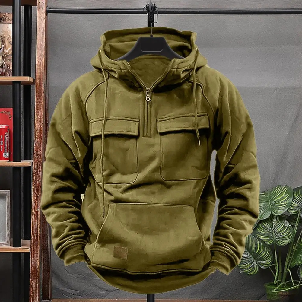 Spring Autumn Men Hoodie Cargo Style Drawstring Big Patch Pocket Pullover Long Sleeves Outerwear Casual Daily Wear Sport Top