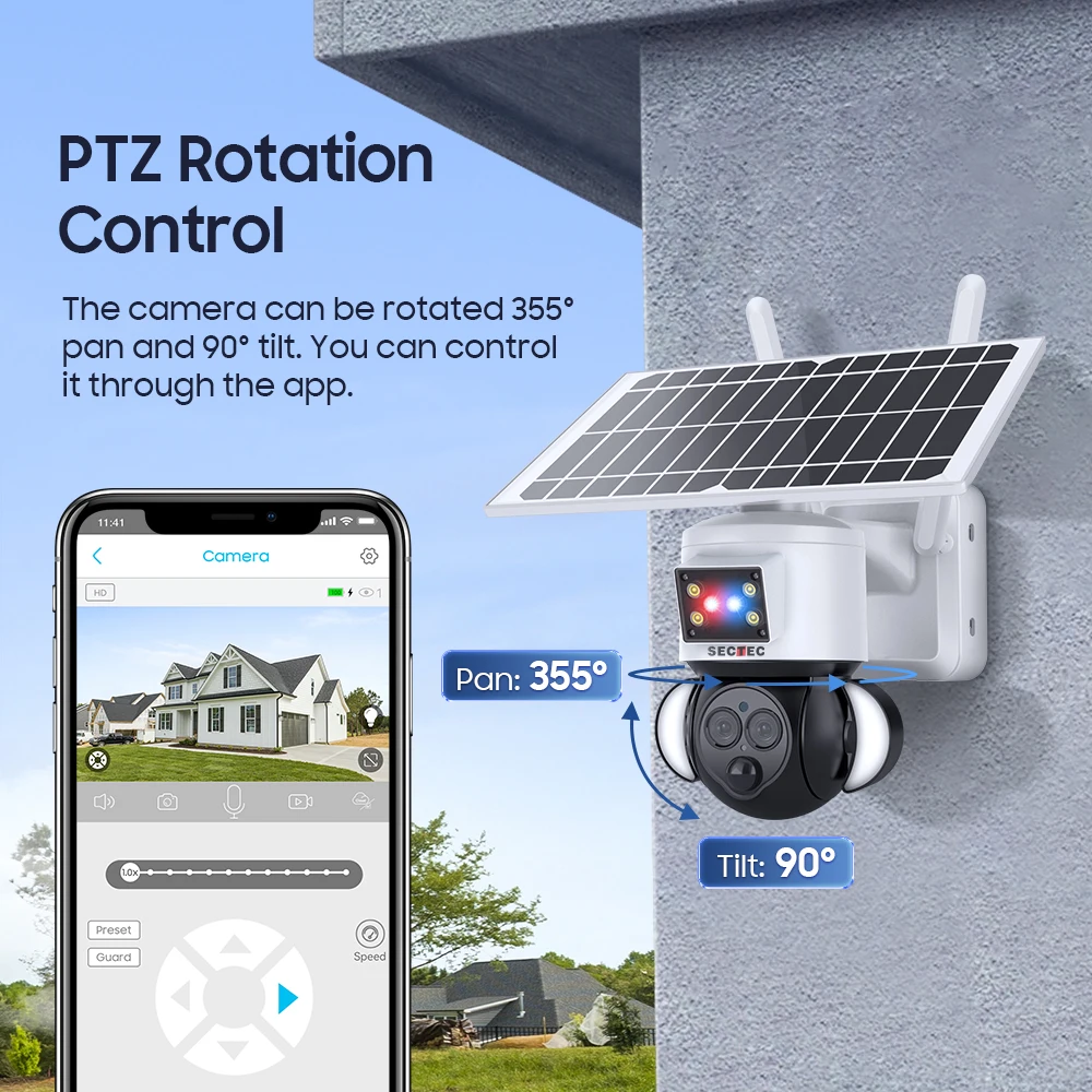 SECTEC 6MP PIR Solar Camera Battery Outdoor Home Surveillance Camera with 4G Wifi Solar Panel IP66 Street Cameras Color Alarm