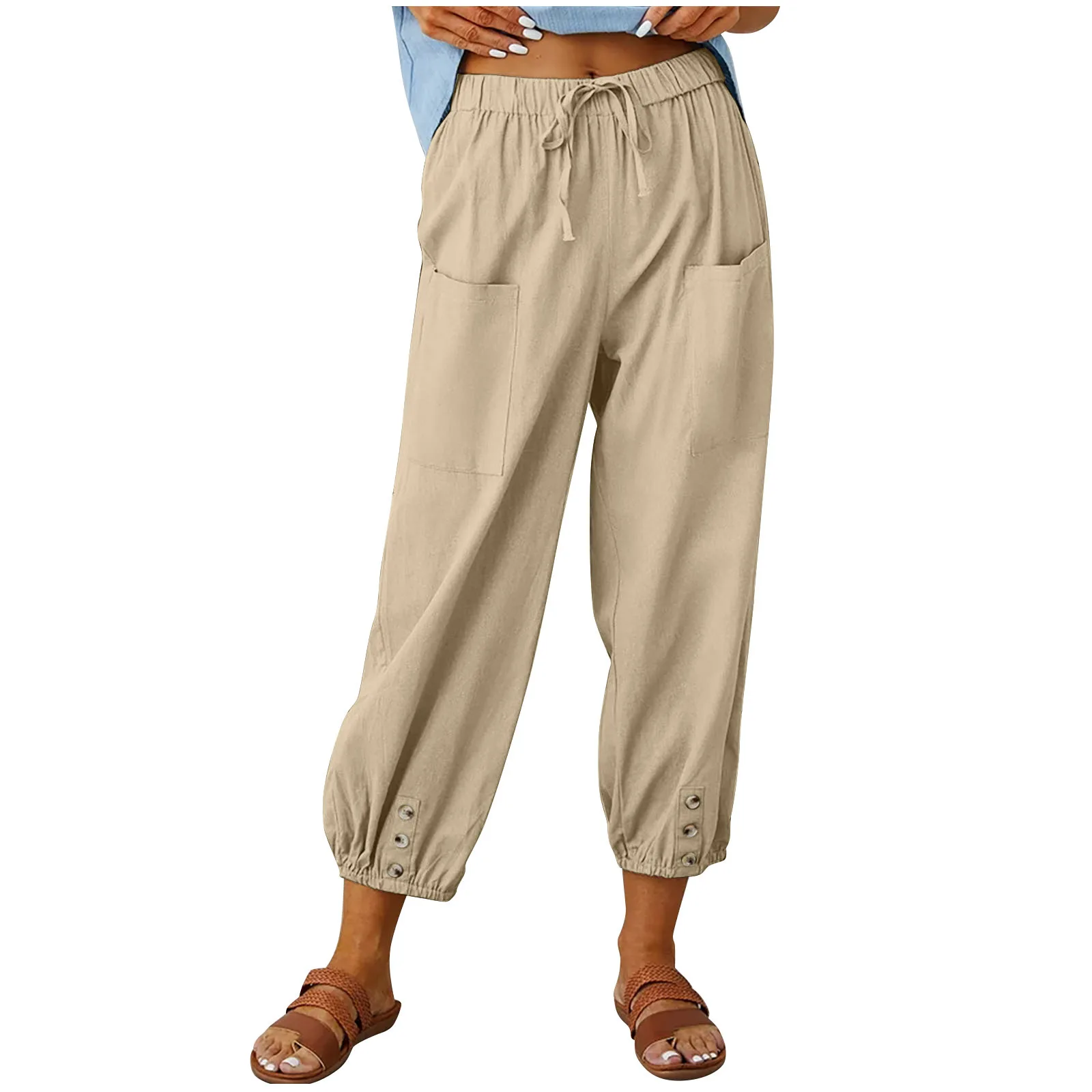 Loose High-waisted Button Cotton and Linen Pants Nine-point Pants Wide-leg 2025 New Women's Pants Europe America