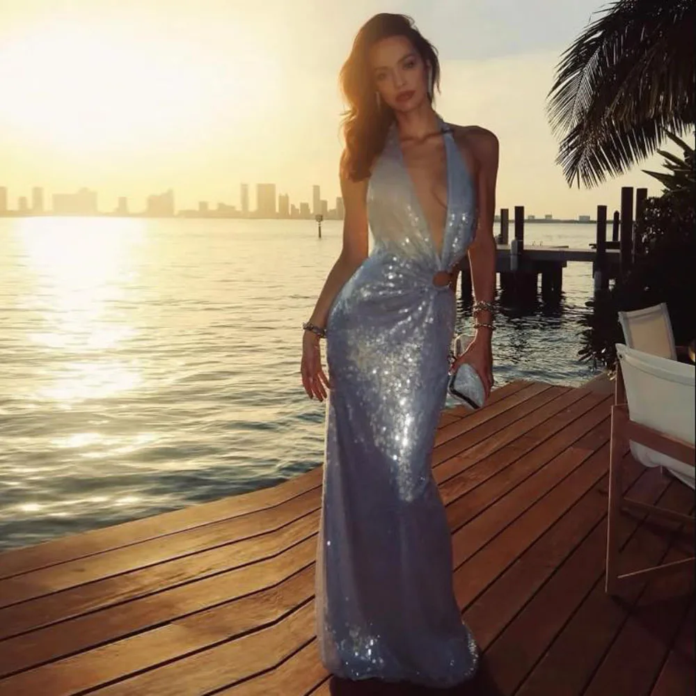 

Customized Sequin Maxi Dress 2025 Halter Mermaid Sexy Cocktail Dresses for Women Backless Bodycon Summer Dress
