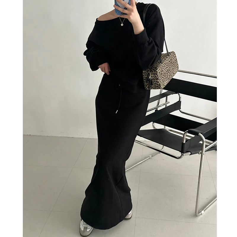 

Корейский шикарный осенне-зимний повседневный свободный свитшот с диагональным воротником, топ с высокой талией, утягивающая юбка, комплект из двух предметов для женщин