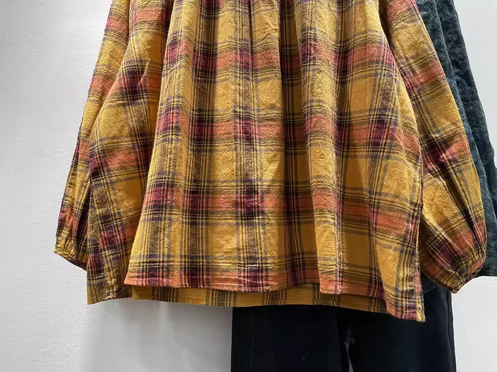 2025 blusas elegantes para mujer mori girl primavera otoño estilo japonés camisas y blusas a cuadros amarillas de algodón tops de manga larga