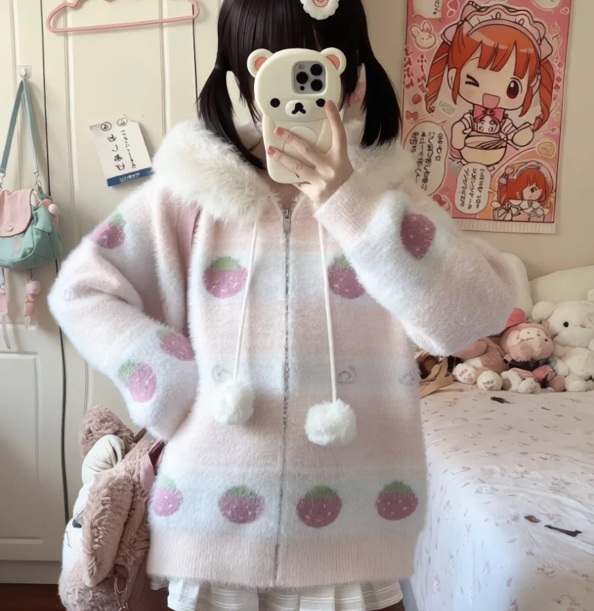 Original Japanese Cute Strawberry Hooded Jacket Autumn Sweet Plush Cardigan Winter Knitted Cardigans Oversized Sweater