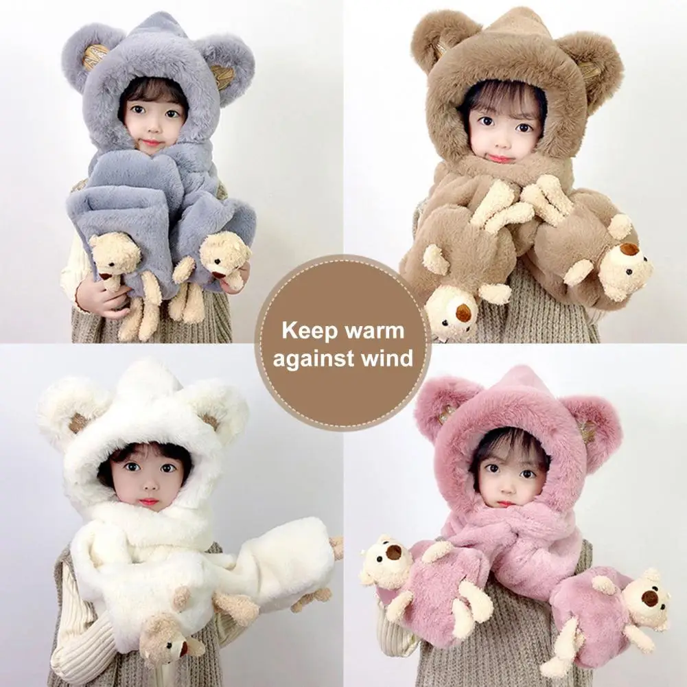 Cute Winter Thickened Plush Kids Hat Neck Scarf Gloves 3 in 1 Ear Protection Hat Cartoon Bear Decor Boys Girls Holiday Hat