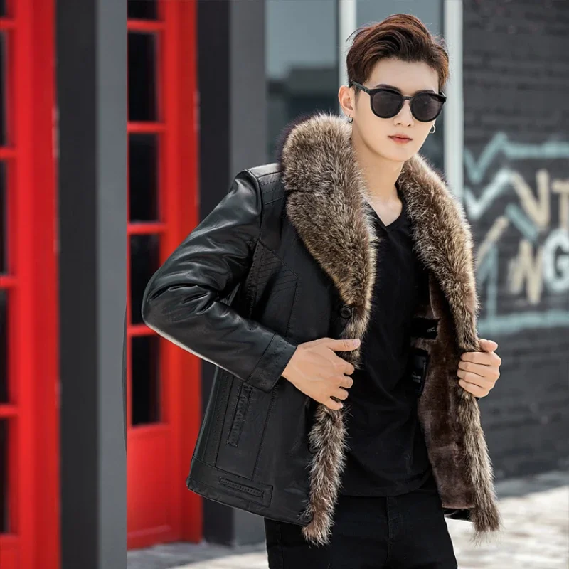 

Men's Autumn Winter Leather Jackets Short Lapel Raccoon Fur Collar Leather Jacket for Men Black Plush Casual Coats Ropa Hombre