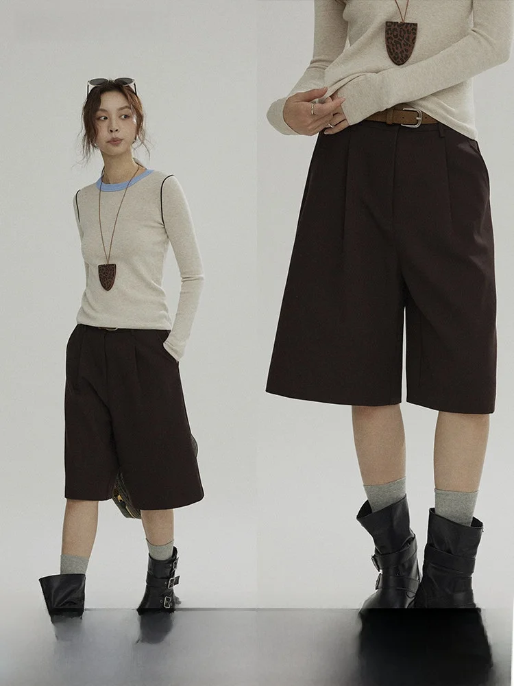 

Joli Choose Autumn New Sle Casual Loose Women's Coffee Color Suit ort Pants High Waist Straight Leg Pants Polyester Blend