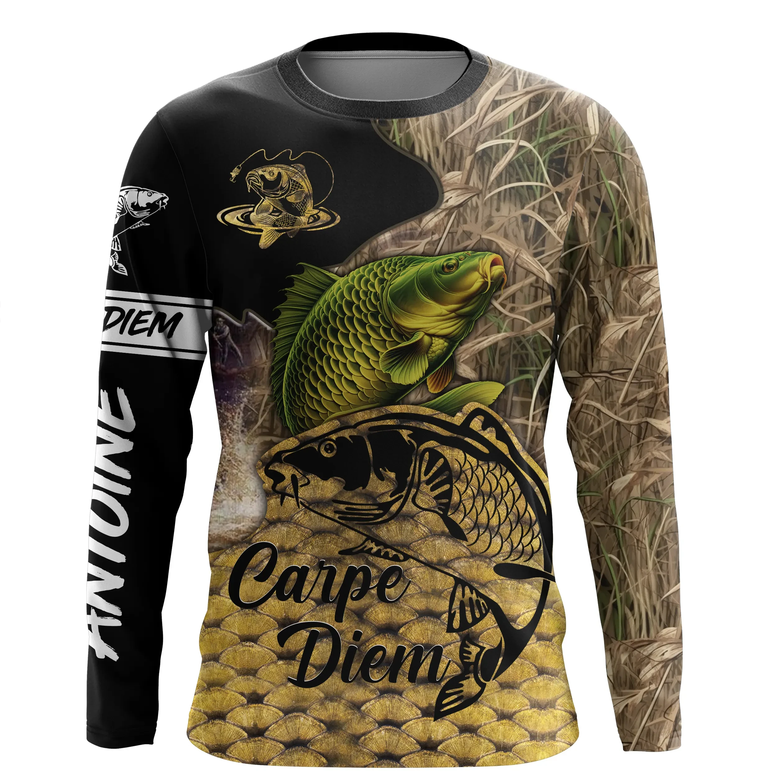 Reed Scale Green Carp Overprint Crew Neck Long Sleeve Tee, Distinct Layers for Valley Fishing, Angler Chats & Daily Trips