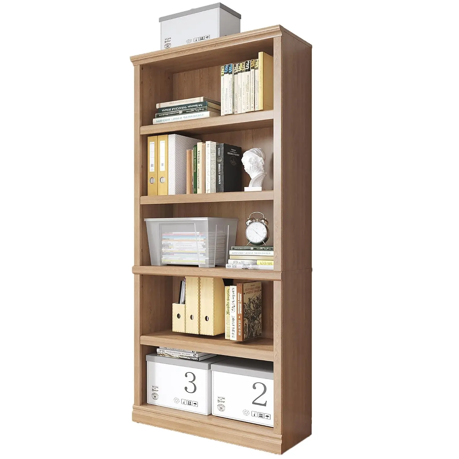70-Inch Tall Oak Bookcase 5-Tier Open Storage Shelf for Home Office Library, Customized