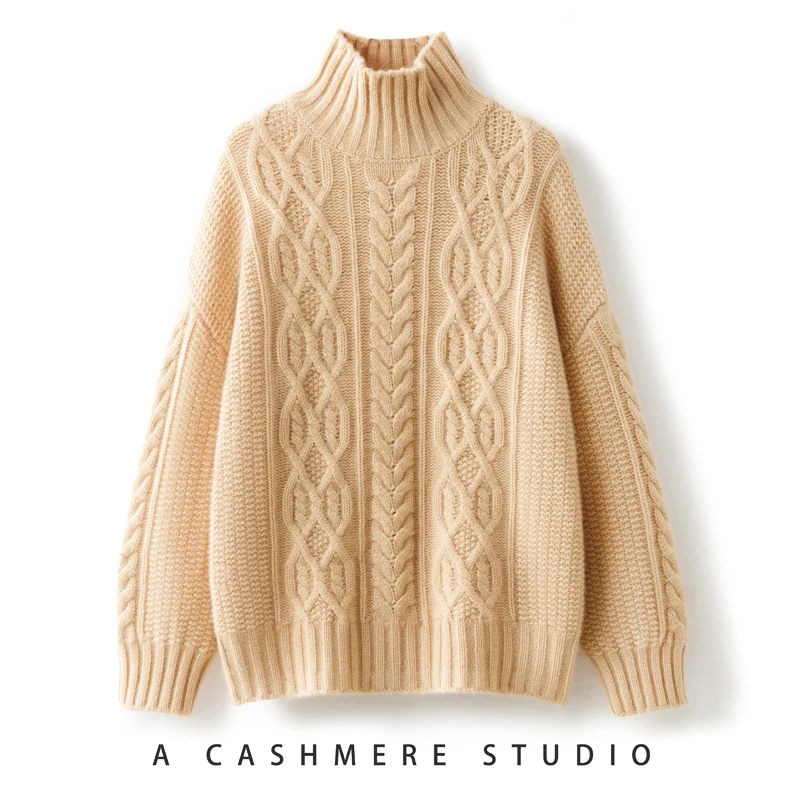 Kaschmirpullover Damen Frühling und Herbst neuer hochgeschlossener dicker Pullover reiner Kaschmir weicher wachsartiger warmer loser Pullover