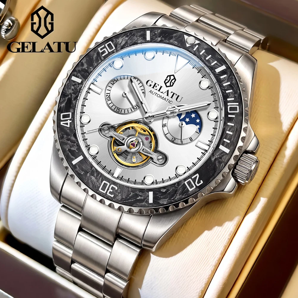 GELATU New Skeleton Automatic Watches for Man Hollowed Flywheel Moon Phase Diver Sports Man Wristwatch High-end Luxury Watch Men