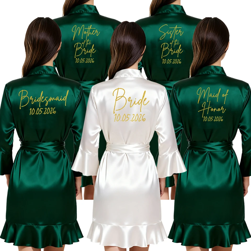 

Элегантный атласный халат с персонализацией в виде даты свадьбы для невесты и подружек невесты - мягкий халат для женщин, лучший подарок для свадебной вечеринки