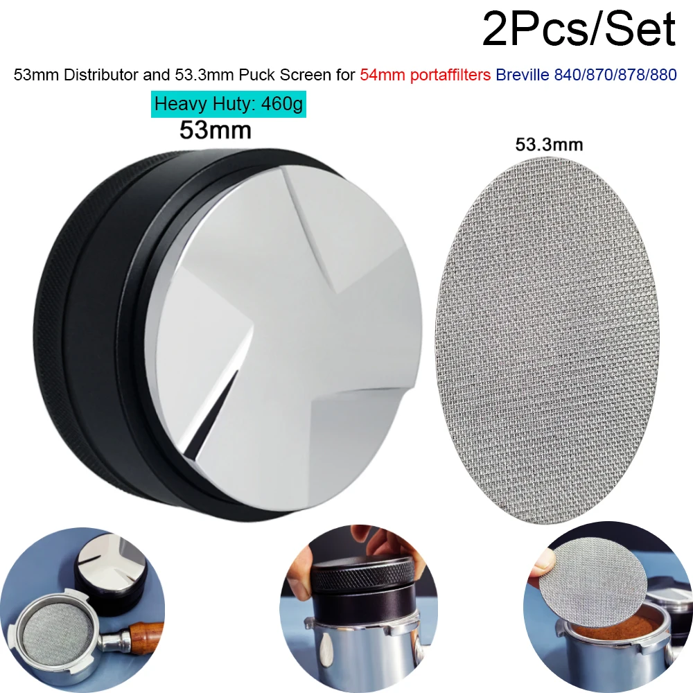 

2Pc 53mm Distributor With 53.3mm Puck Screen for 54mm Breville Portafilter, Adjustable 53mm Espresso Distribution Tool/Leveler