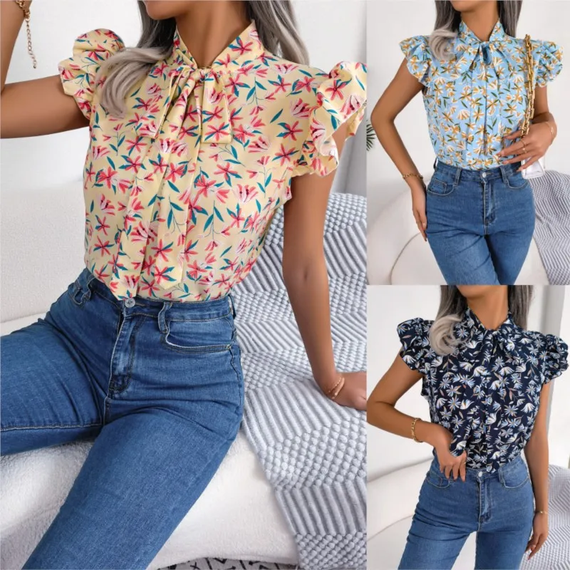 Summer T-shirts Floral Printing Women Sleeveless Lace-up V-neck Tees 2024 Fashion Holiday Casual Tops Female Commuting Pullovers