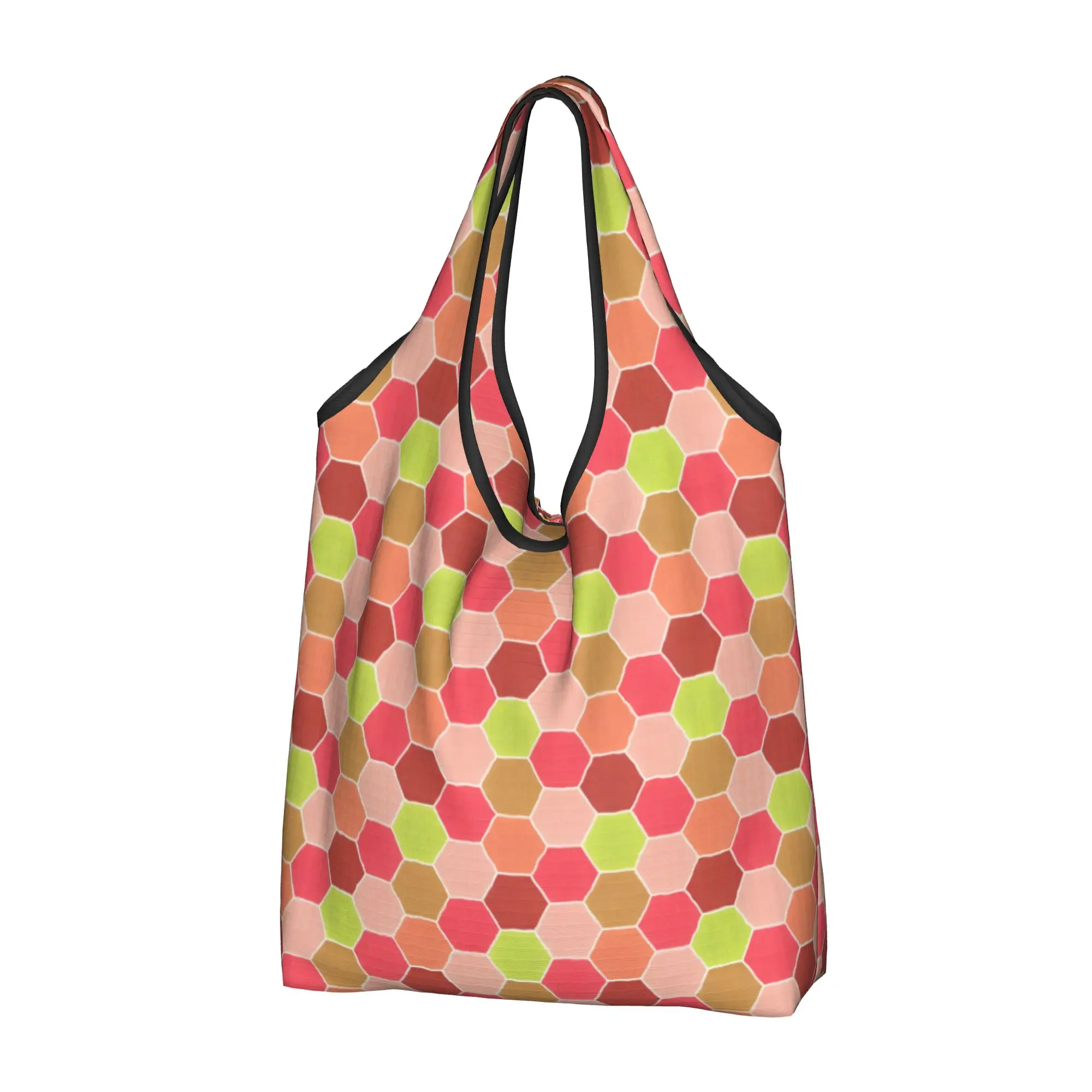 Kawaii Geometric Honeycomb Hexagonal  Shopping Tote Bag Portable Colorful Grocery Shoulder Shopper Bag