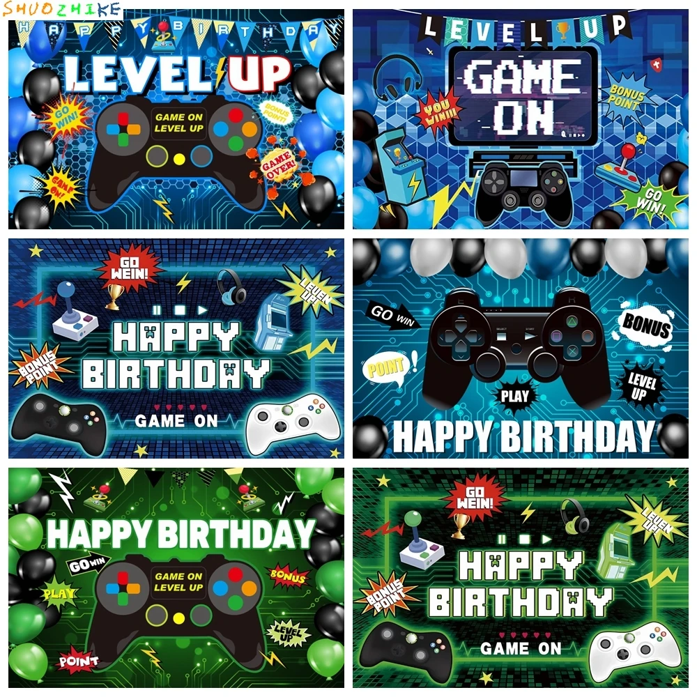 Game On Photography Background Video Gamer Neon Green Gaming Next Level Up Kids Birthday Party Backdrop Photo Studio Banner