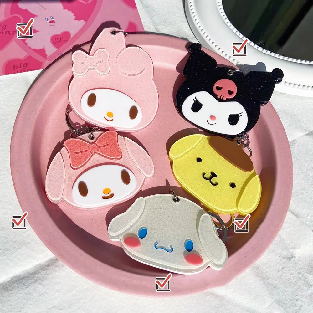 Sanrio Makeup Mirror Keyrings Hellokitty Kuromi Kawaii Anime Sliding Cover Mirror Cartoon Portable Looking Glass with Keychains