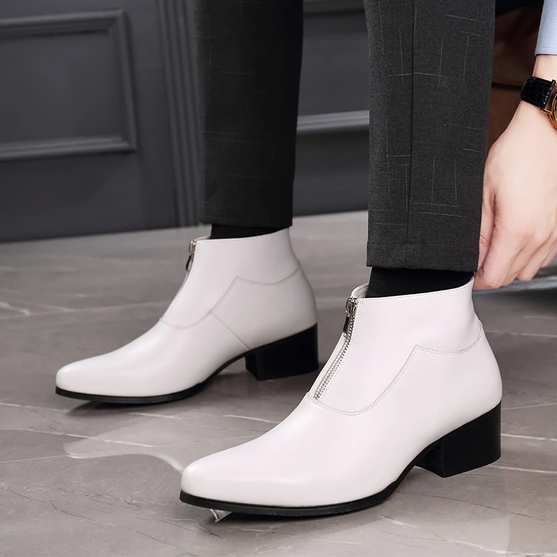 English Pointed Leather Shoes Mens High Top Chelsea Boots Genuine Leather Medium Top White Ankle Boots Leather Bootsplush Ankle