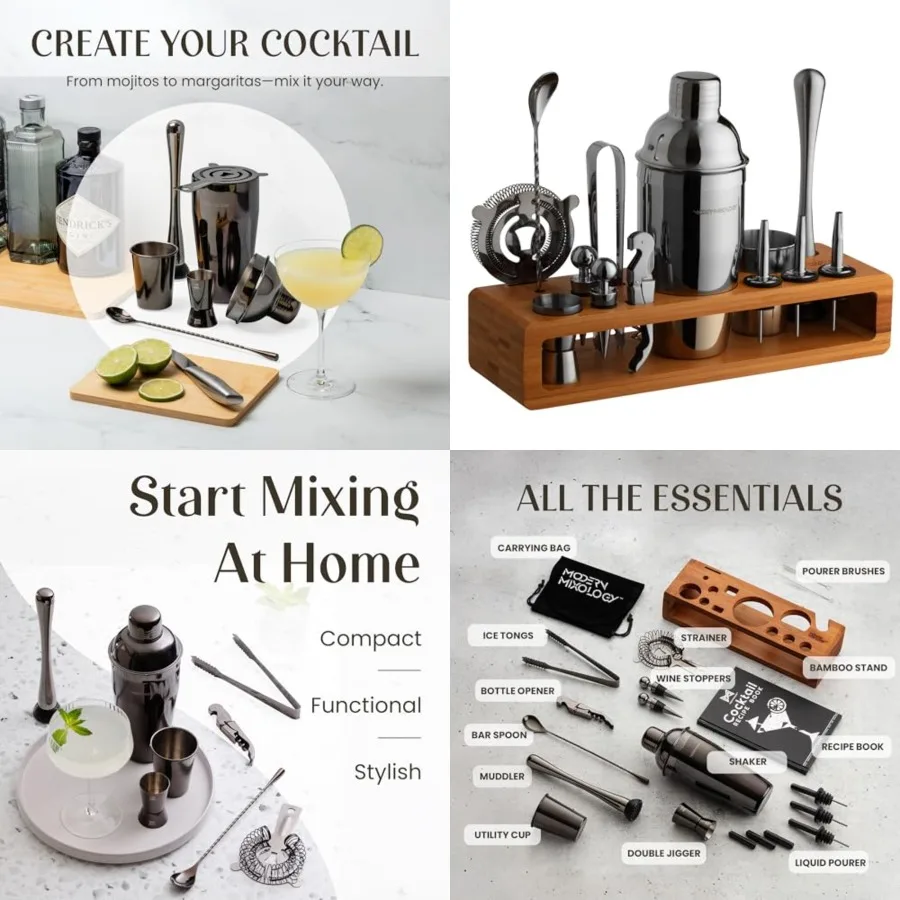 

Pro-Graded Cocktail Shaker Set with Stand Complete Bartender Kit 24oz Martini Shaker, Jigger, Strainer, Bar Spoon, Tongs, Opene