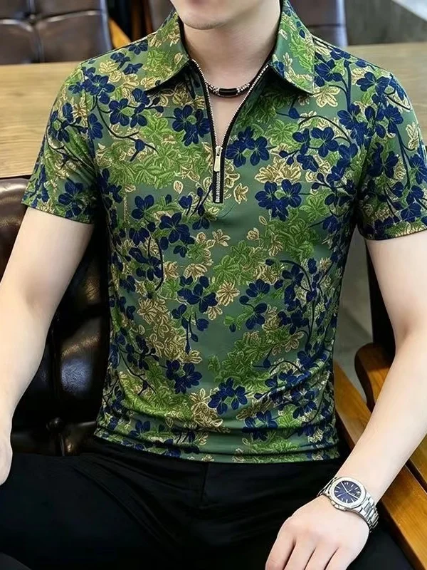 Summer New Men's  Shirt Half Zipper Collar Short Sleeve Printed T-Shirt Casual Fashion Youth Body Fit Top Breathable Cool...