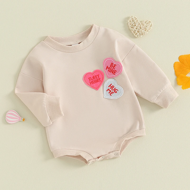 

Baby Girls Sweatshirts Rompers Valentine's Day Clothes Heart Embroidered Crew Neck Long Sleeve Bodysuits Jumpsuits Clothes