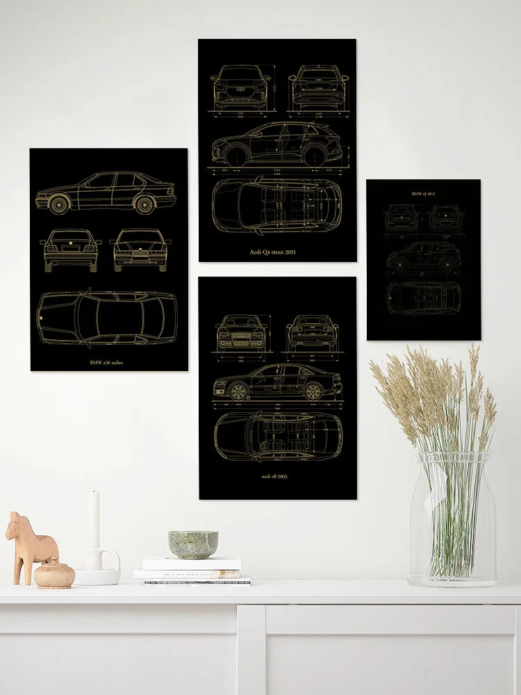 Retro car structure design drawing Posters Vintage Home Room Bar Cafe Decor Aesthetic Art Wall Painting