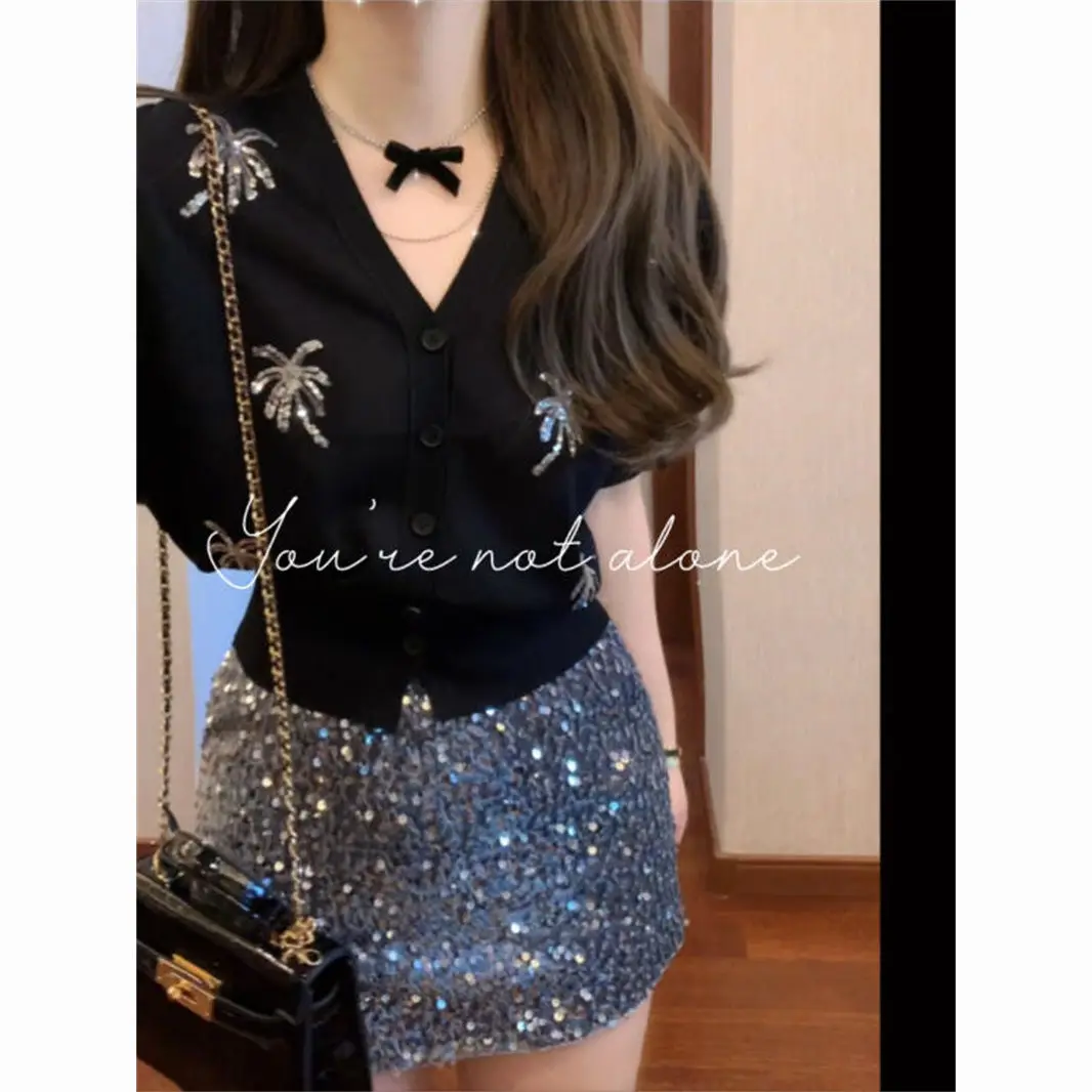 

Summer New Korean Style High-end Designed Temperature Niche Pure Sequin Top and Sequin Short Skirt 2 Piece Sets Womens Outfits