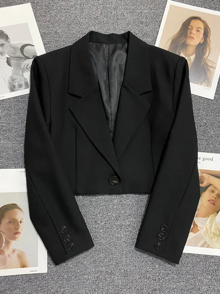 Cropped Jacket Black Blazers for Women Clothing Office Lady Korean Buttons Coat Notched Collar Spring Autumn