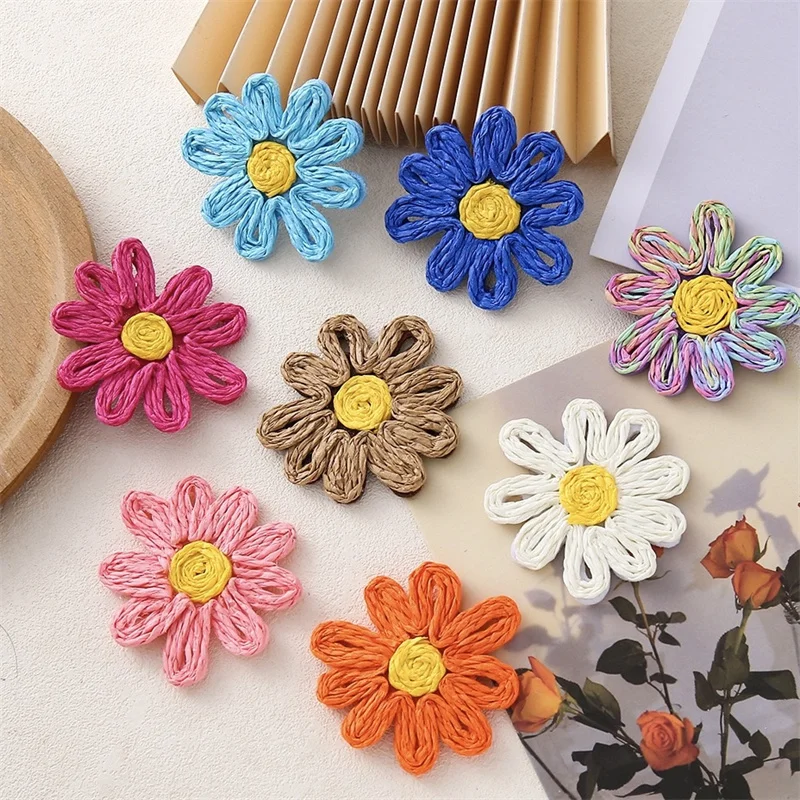 

2025 Newest 30pcs/lot 41mm color Raffia grass handmade Weaving flowers shape floral beads diy jewelry garment hair accessory