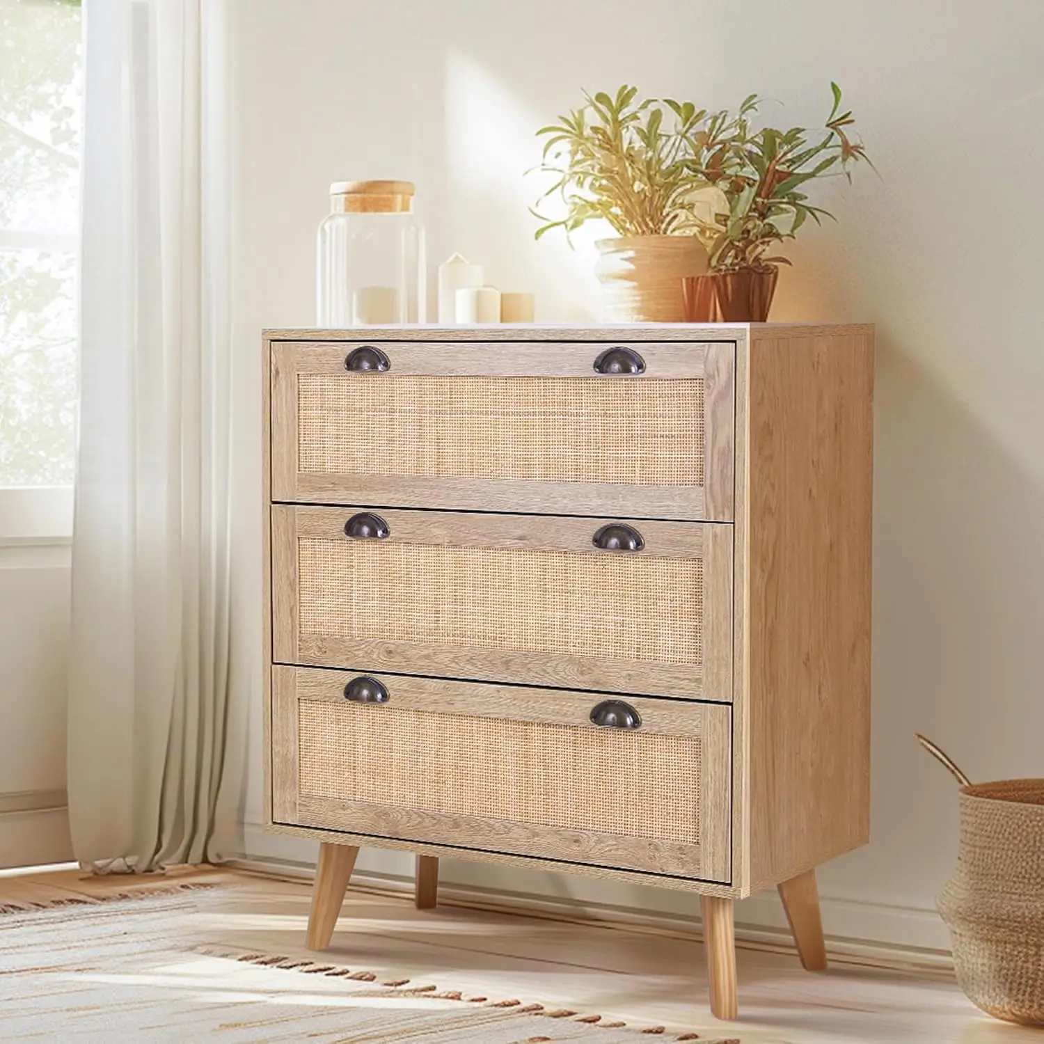 Rattan Nightstand 3 Drawer Dresser Storage Cabinet Set of 2, Customized