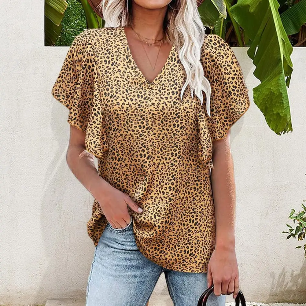 Women Blouse Leopard Print V-neck Ruffle Tee Stylish Women's Summer T-shirt with Short Sleeves Loose Fit Streetwear Vibes Women