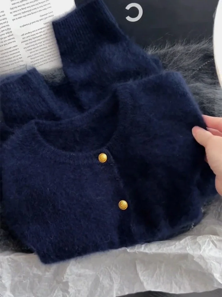 

Мягкий синий вязаный кардиган женский зимний, свободного кроя, длинный, с круглым вырезом, на одной пуговице, пальто