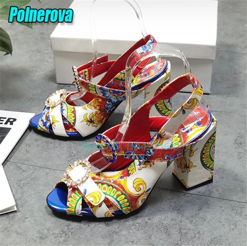 Luxuriöse Damen-Sandalen mit Strass-Schnalle, Eleganter Print, Peeptoe, T-Riemen, Hohe Absätze, Sexy Flache Pumps für Bankett und Party