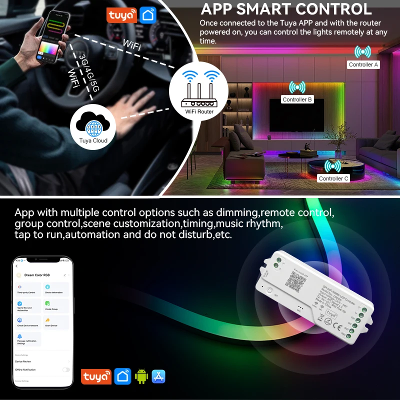 Kontroler taśm LED Tuya Wifi DR03W/DR04W/DR05W adresowalny ściemniacz SPI RGBIC kontroler LED 5-24V dla asystenta Google Alexa