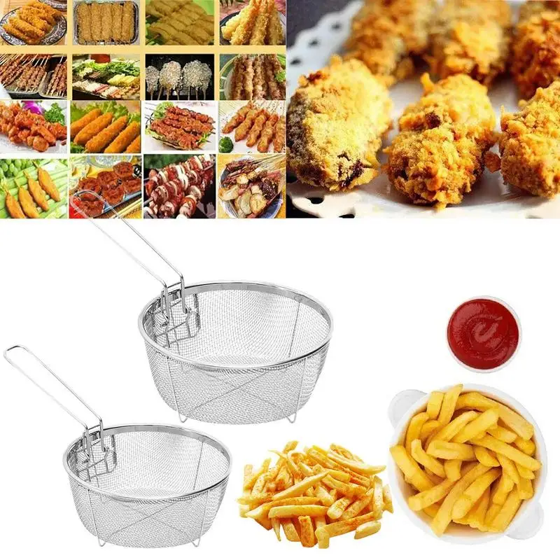 Stainless Steel Deep Fry Basket Round Wire Presentation With Detachable Handle Stainless Steel Drain Basket Fryer Skimmer