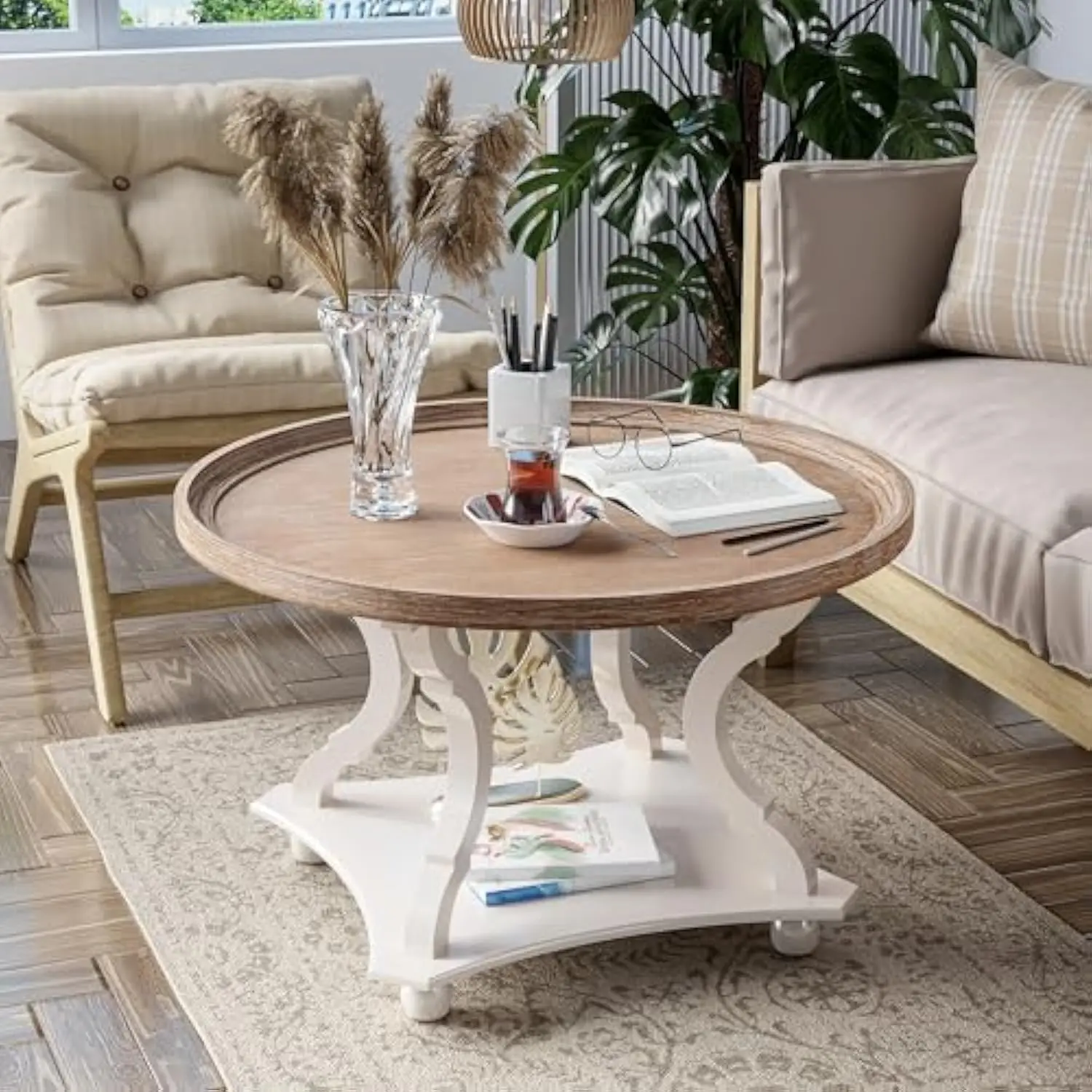 

Round Farmhouse Coffee Table with Handmade Finish, Wood Tray Top Rustic Coffee Table for Added Thickness, Accent Table with St